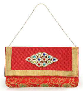 Red Art Silk & Jute Clutch