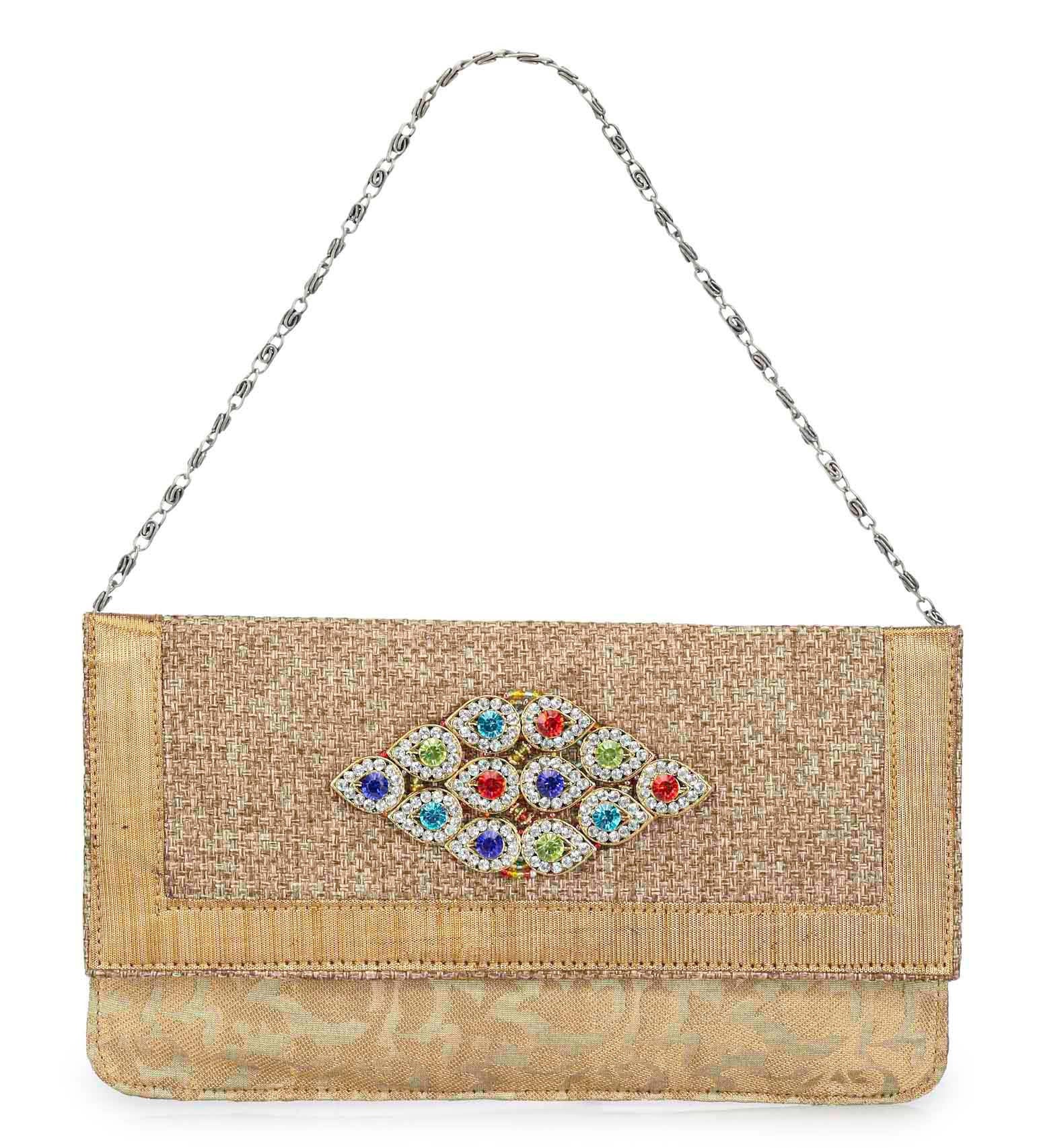 Brown Art Silk & Jute Clutch