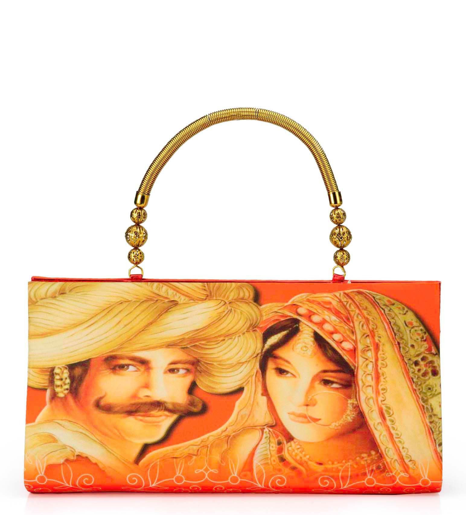 Orange Satin Printed Clutch