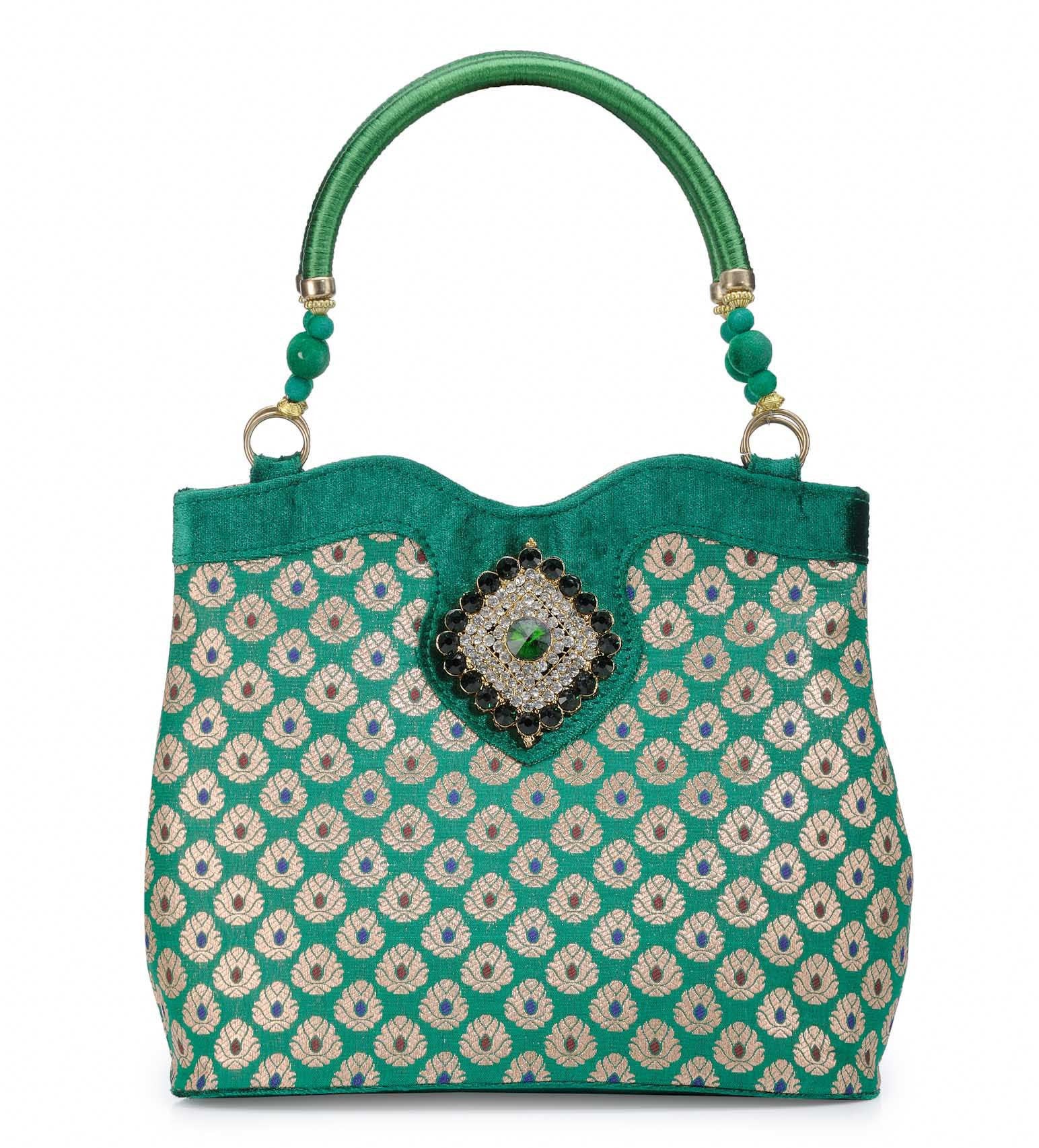 Green Brocade Stone Studded Handbag