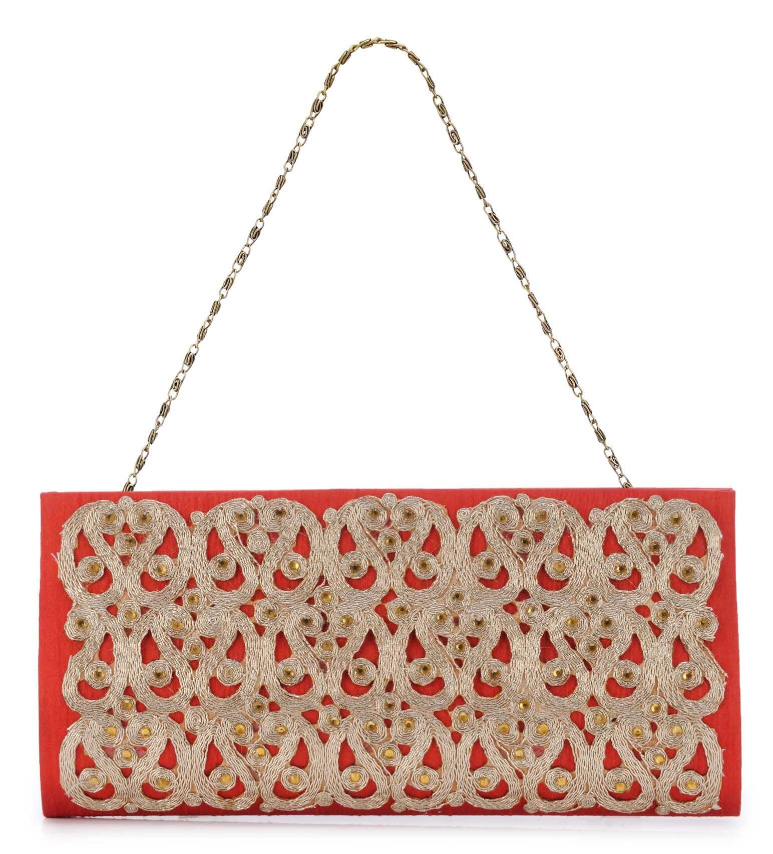 Red Art Silk Stone Studded Clutch