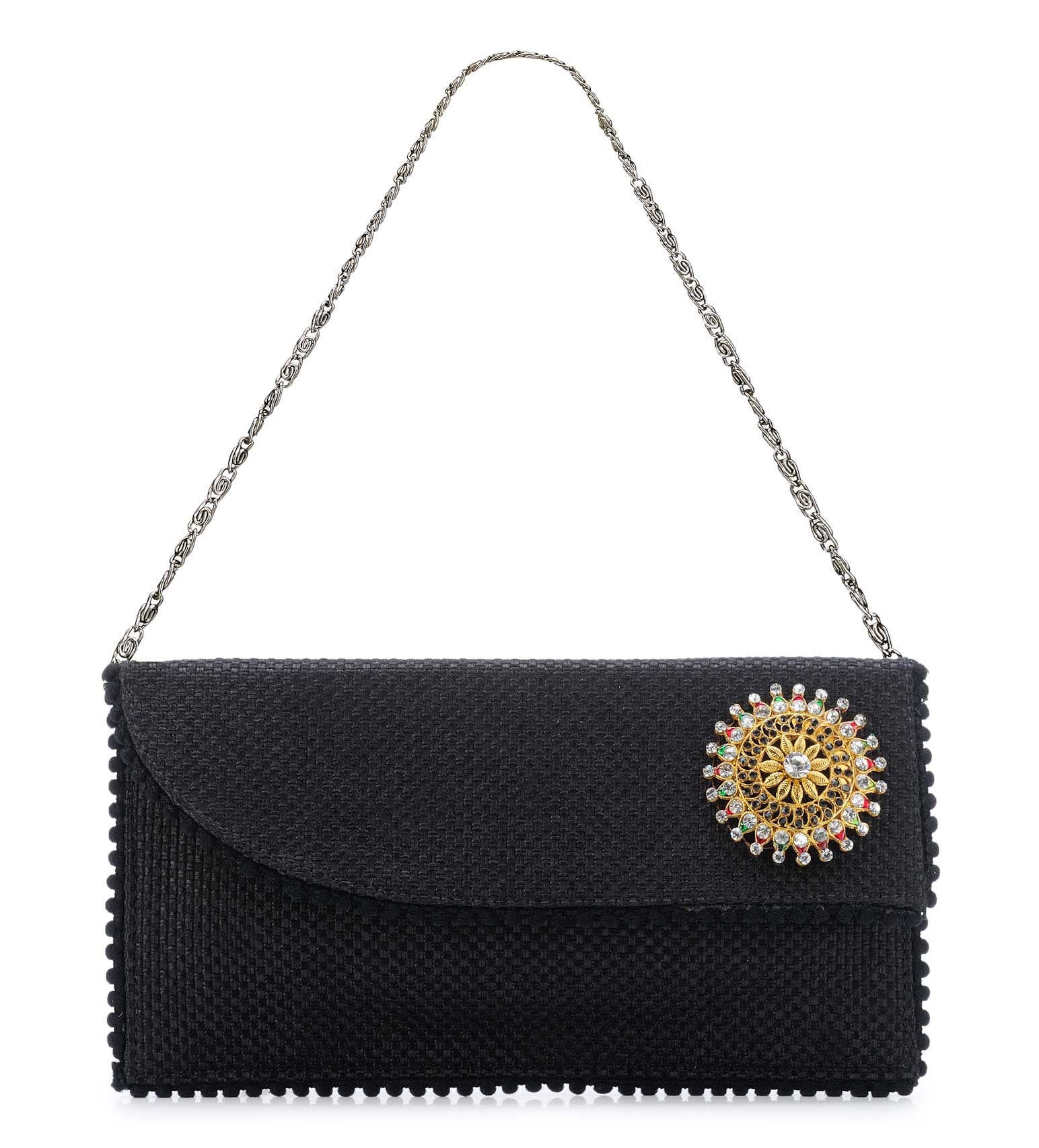 Black Jute Stone Studded Clutch