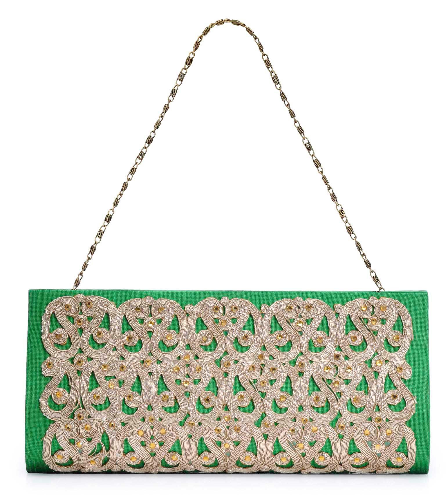 Green Art Silk Stone Studded Clutch