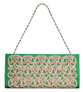 Green Art Silk Stone Studded Clutch