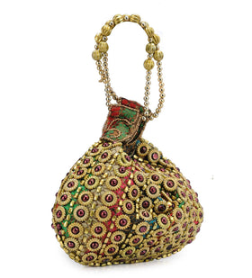 Beige Brocade Beaded Potli Bag