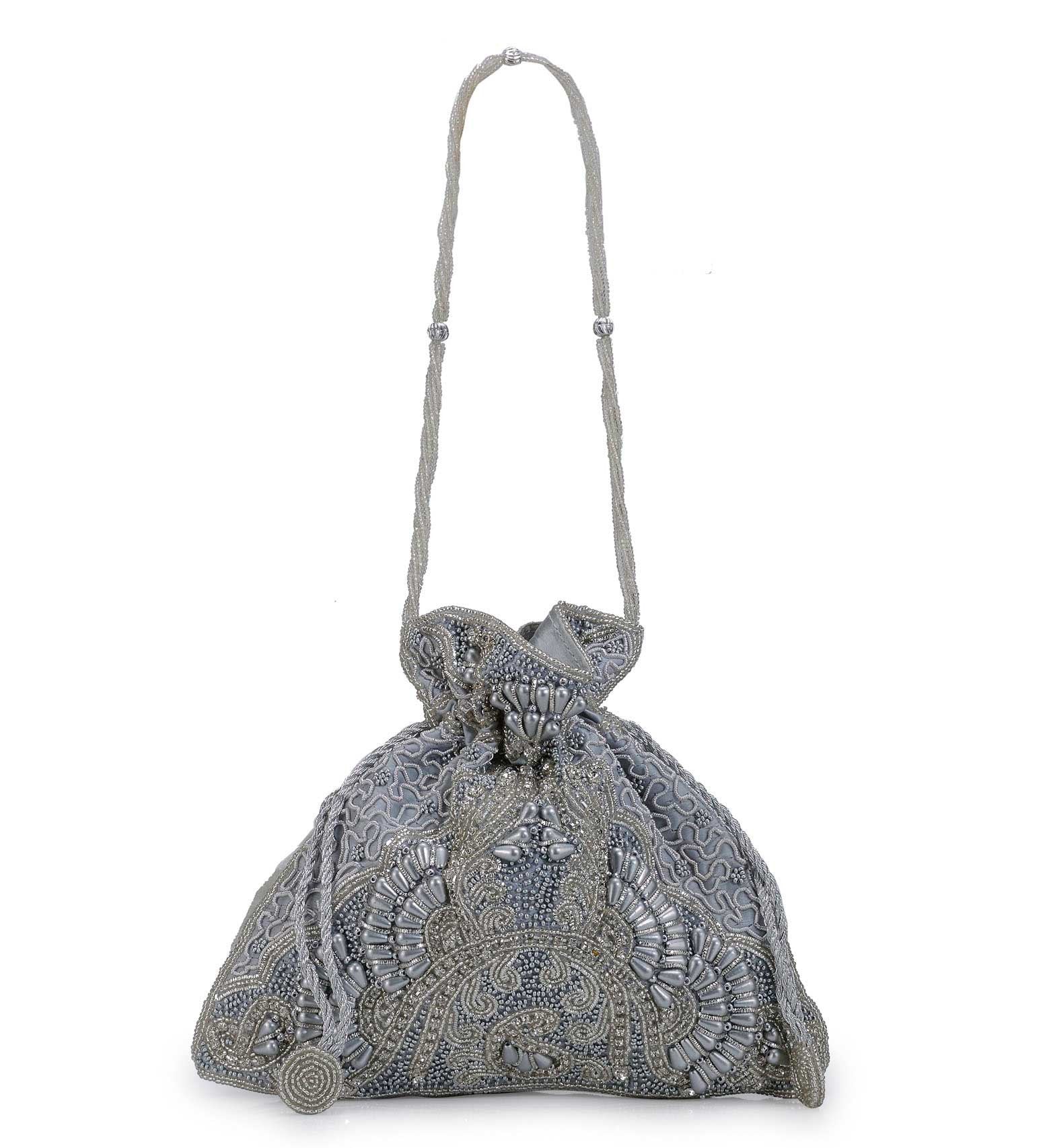 Silver Velvet Beaded Potli Bag