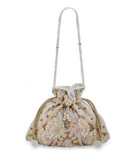 Off White Velvet Beaded Potli Bag