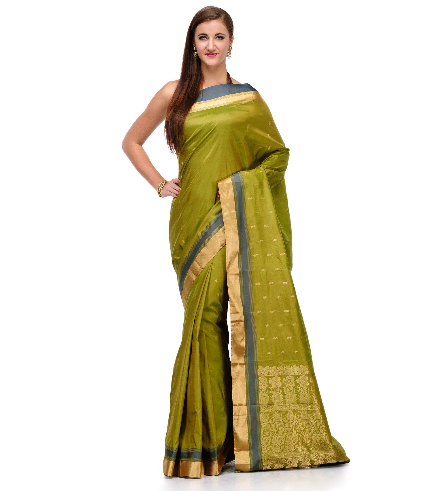 Olive Silk Saree with Zari Border