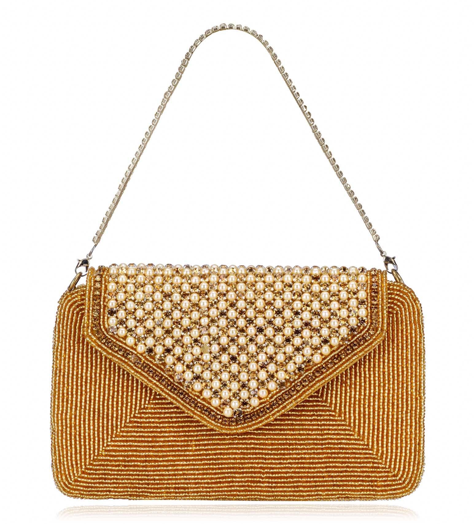 Golden Rexin Stone and Pearl Beaded Clutch