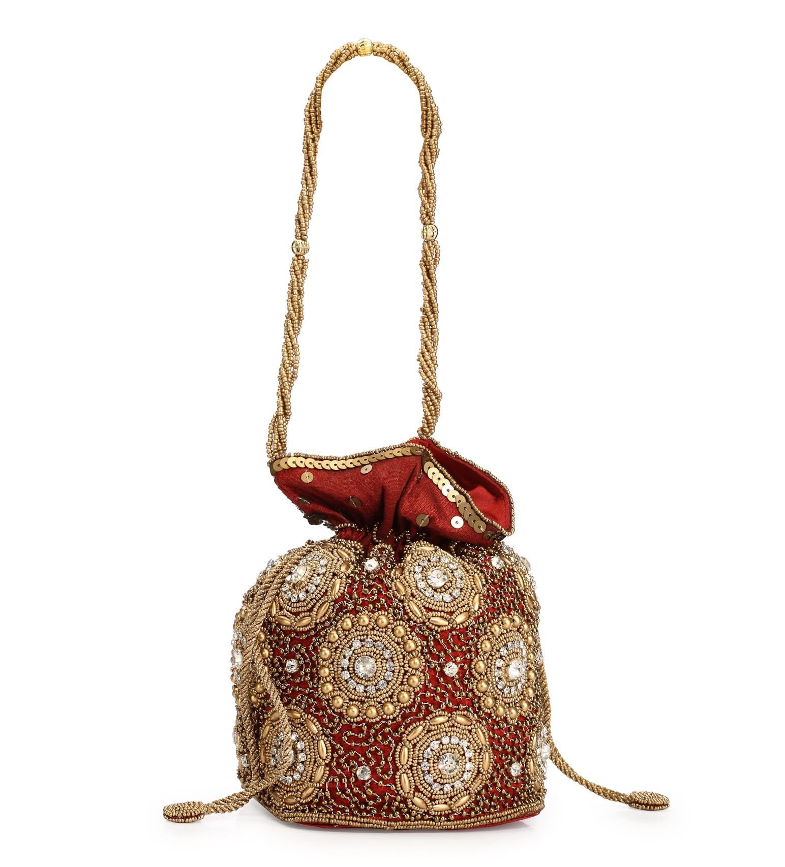 Maroon Art Silk Stone and Sequin Work Potli Pouch