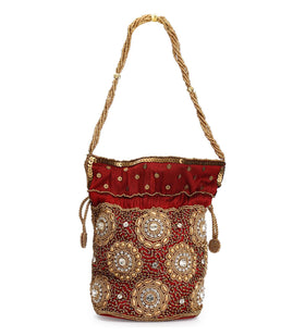 Maroon Art Silk Stone and Sequin Work Potli Pouch