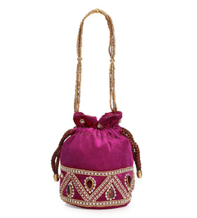 Magenta Velvet Stone and Pearl Work Potli Pouch