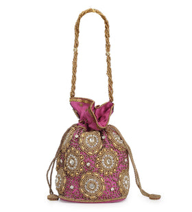 Magenta Art Silk Stone and Sequin Work Potli Pouch