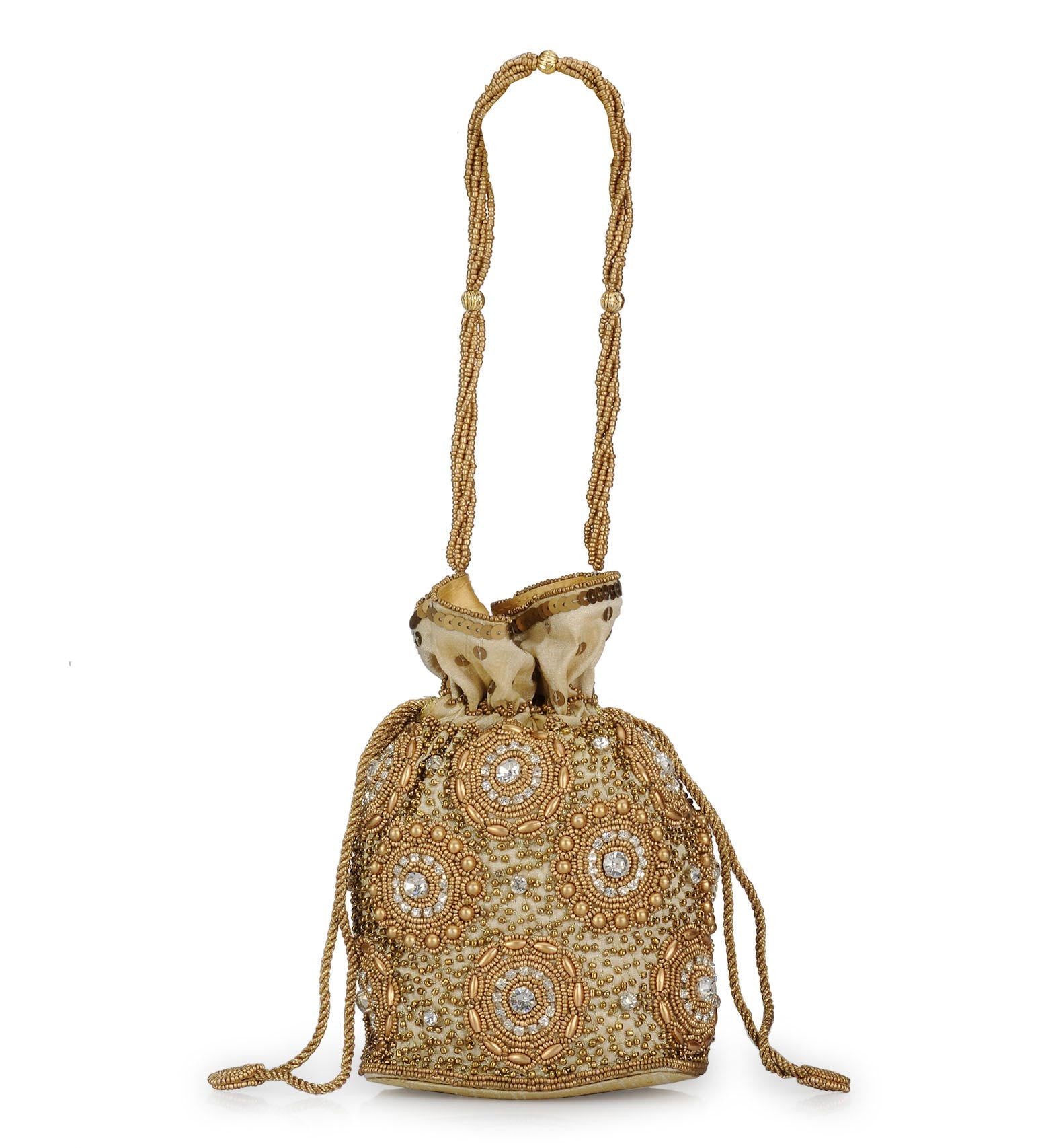 Beige Art Silk Stone and Sequin Work Potli Pouch