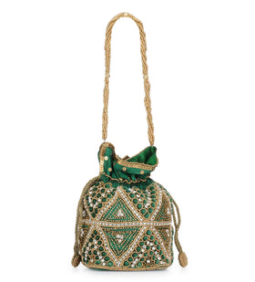 Green Art Silk Stone and Sequin Work Potli Pouch