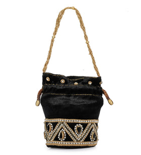 Black Velvet Stone and Pearl Work Potli Pouch