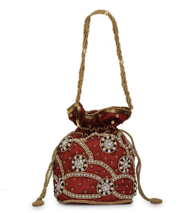 Maroon Art Silk Stone and Sequin Work Potli Pouch