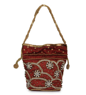 Maroon Art Silk Stone and Sequin Work Potli Pouch