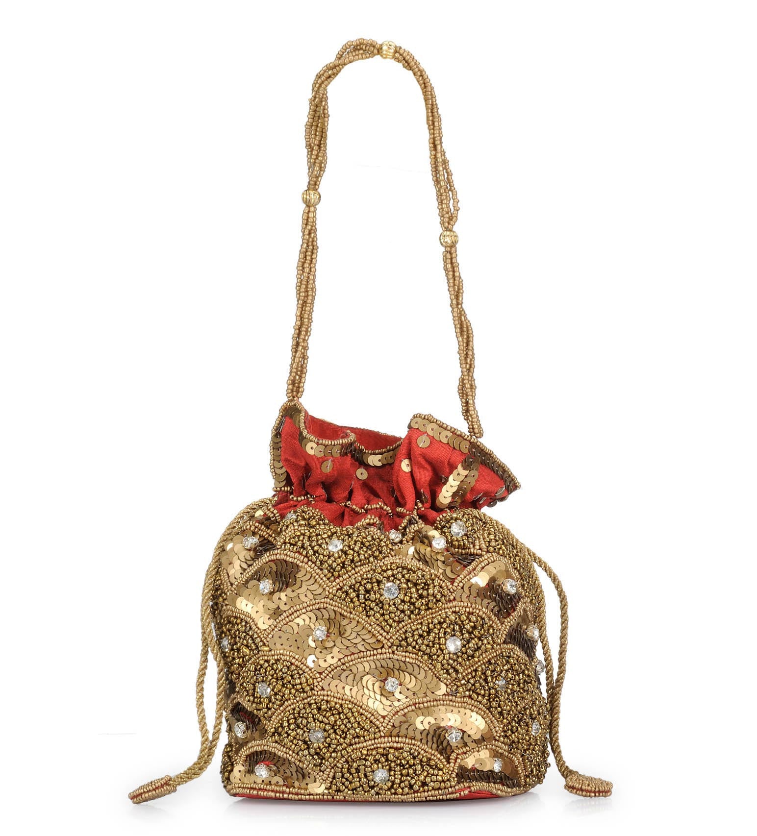 Red Art Silk Stone and Sequin Work Potli Pouch