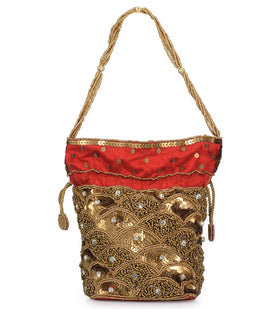 Red Art Silk Stone and Sequin Work Potli Pouch