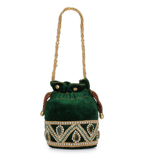 Green Velvet Stone and Pearl Work Potli Pouch