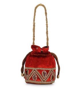 Red Velvet Stone and Pearl Work Potli Pouch