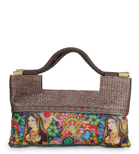 Brown Rexin Satin Figure Printed Clutch