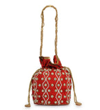 Red Art Silk Stone and Sequin Work Potli Pouch