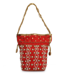 Red Art Silk Stone and Sequin Work Potli Pouch