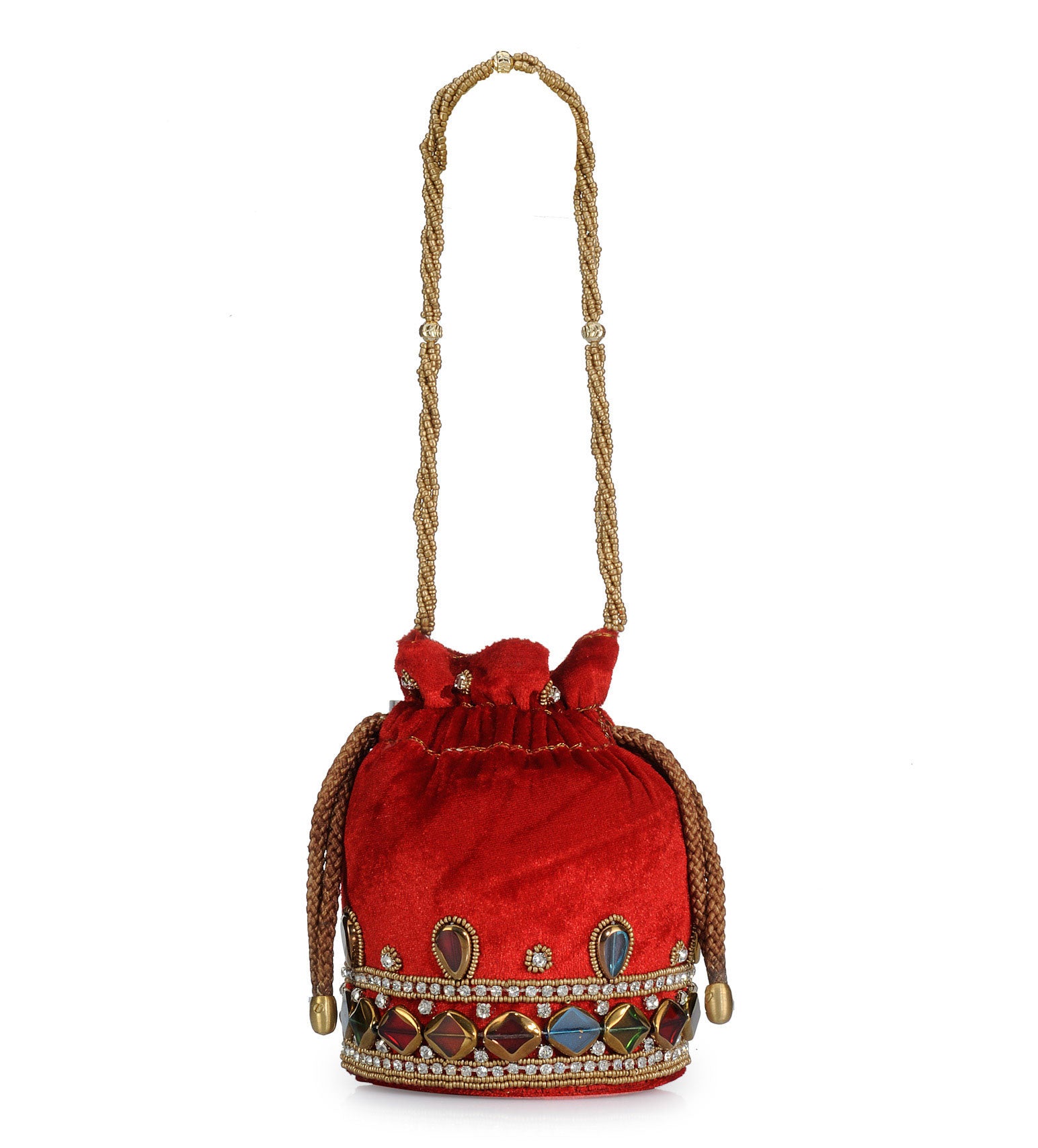 Red Velvet Stone and Pearl Work Potli Pouch