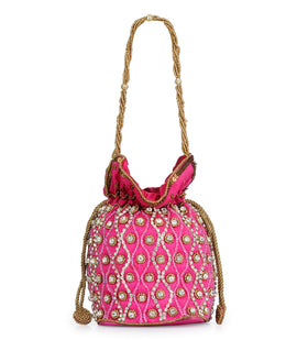 Magenta Art Silk Stone and Sequin Work Potli Pouch