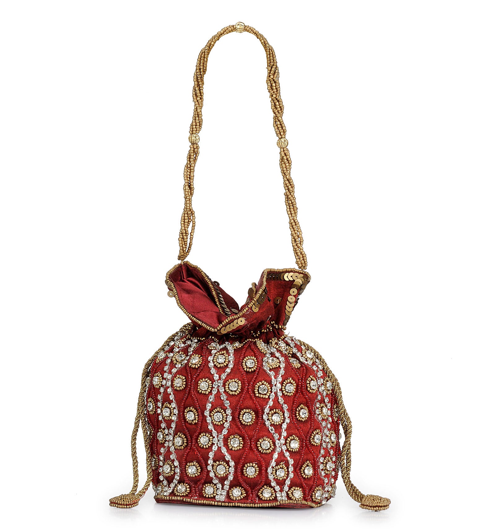 Maroon Art Silk Stone and Sequin Work Potli Pouch