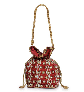 Maroon Art Silk Stone and Sequin Work Potli Pouch