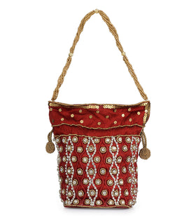 Maroon Art Silk Stone and Sequin Work Potli Pouch