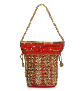 Red Art Silk Stone and Sequin Work Potli Pouch