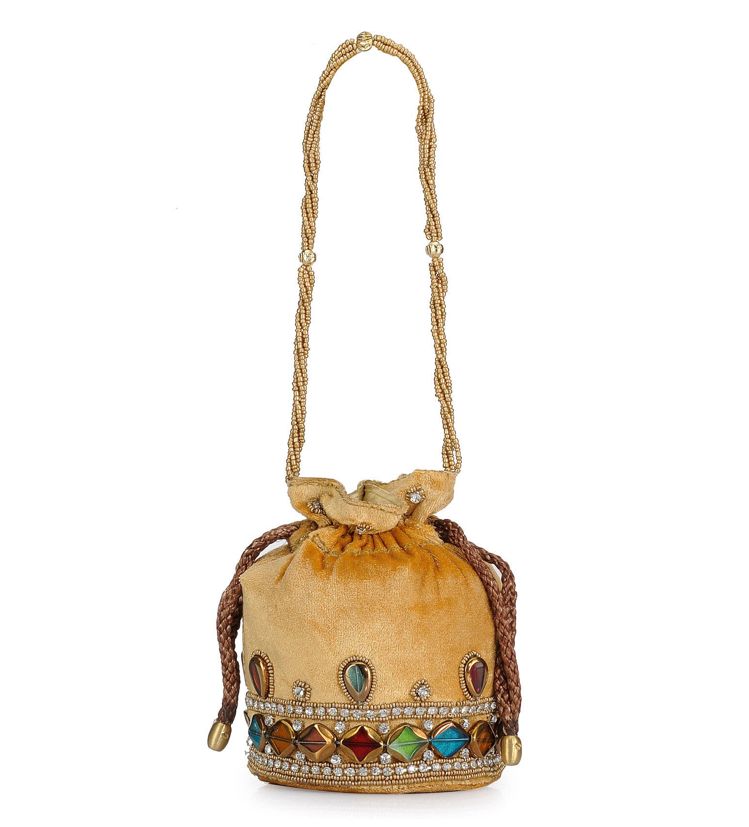 Mustard Velvet Stone and Pearl Work Potli Pouch