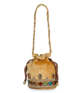 Mustard Velvet Stone and Pearl Work Potli Pouch