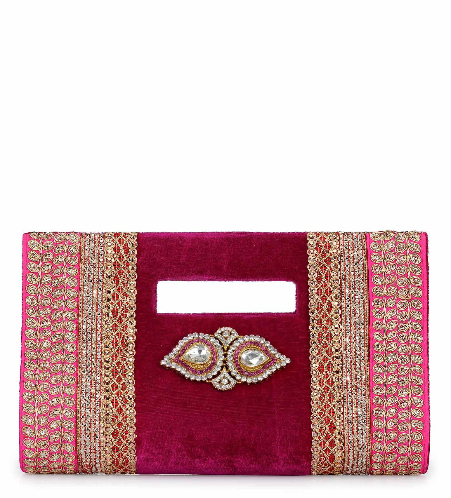 Magenta Velvet Zari and Sequin Clutch