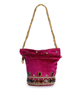 Magenta Velvet Stone and Pearl Work Potli Pouch