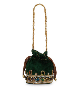 Green Velvet Stone and Pearl Work Potli Pouch