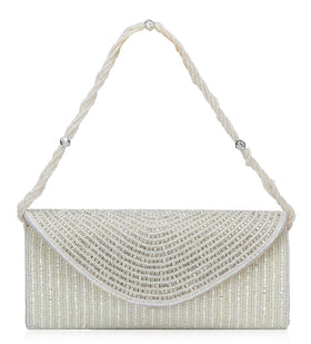 Off White Rexin Stone and Pearl Beaded Clutch