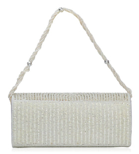 Off White Rexin Stone and Pearl Beaded Clutch