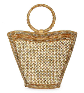 Golden Satin Stone and Pearl Beaded Clutch