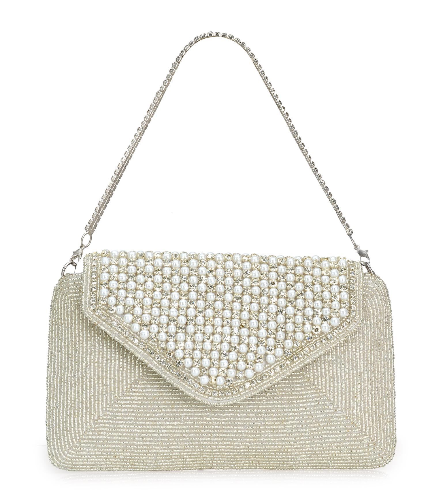 Silver Rexin Stone and Pearl Beaded Clutch