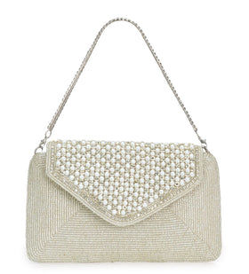 Silver Rexin Stone and Pearl Beaded Clutch