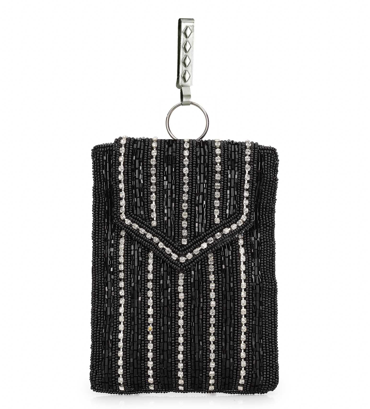 Black Satin Stone and Pearl Studded Pouch