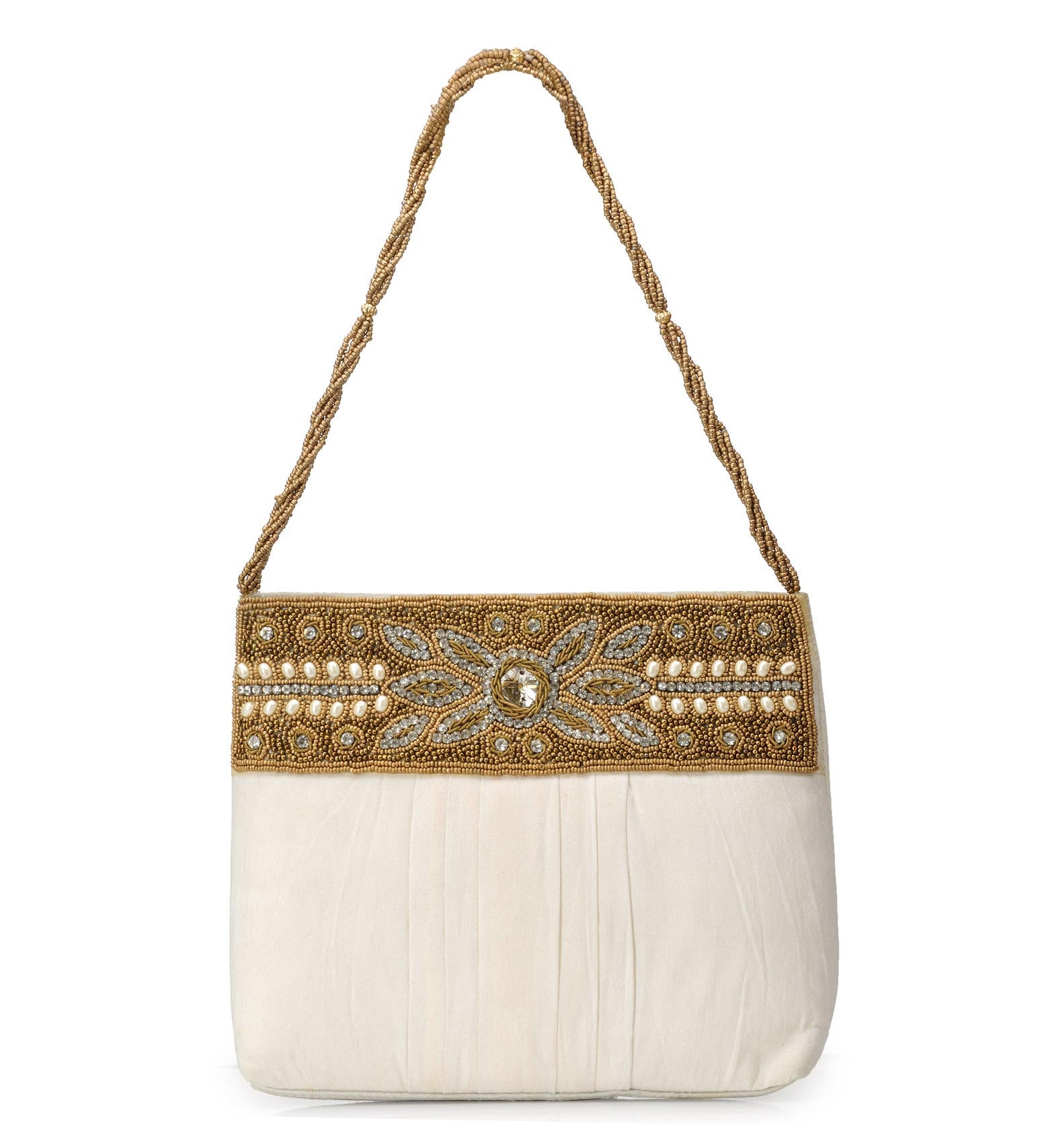 Off White Art Silk Stone Beaded Clutch