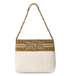 Off White Art Silk Stone Beaded Clutch