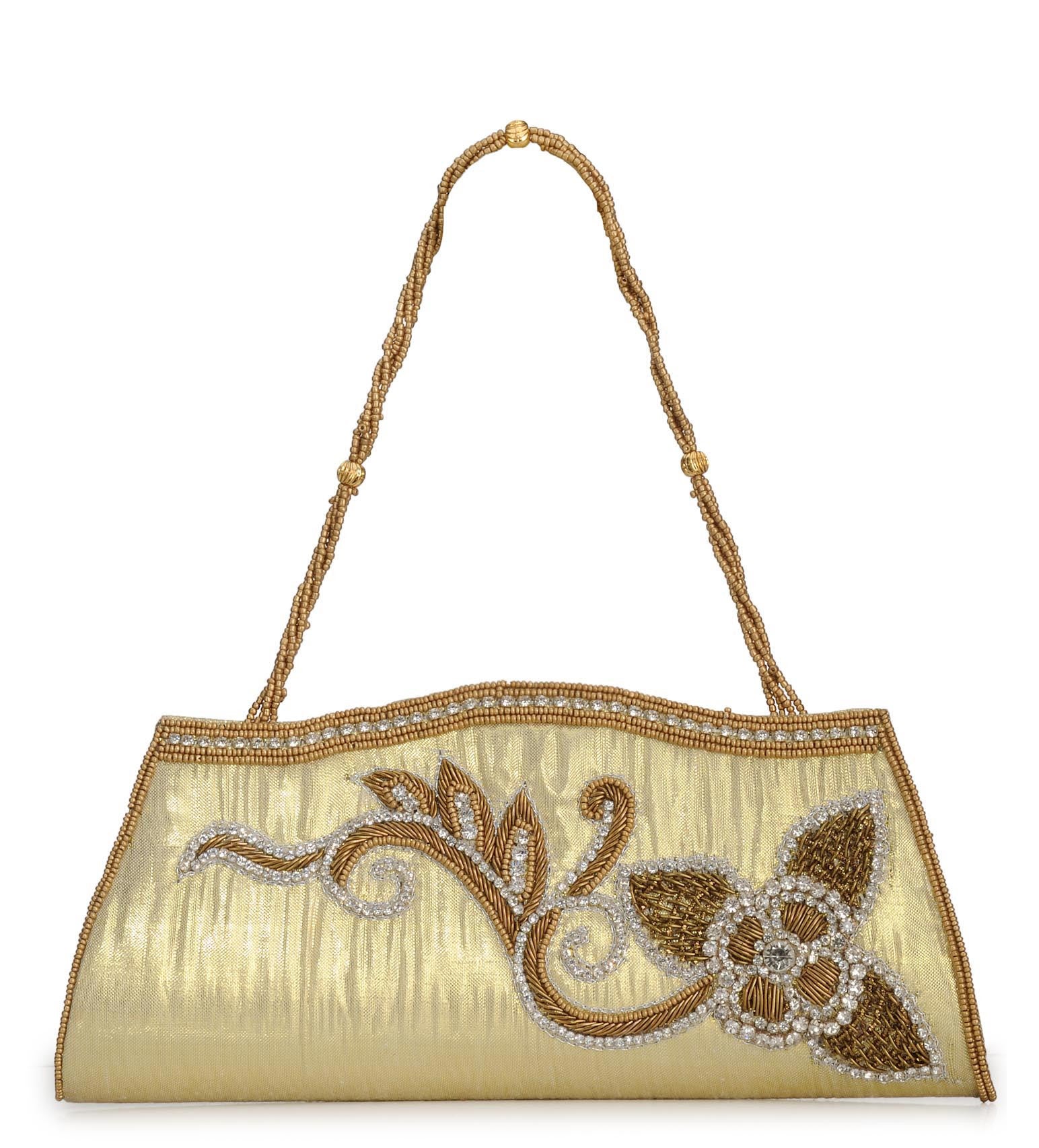 Golden Art Silk Pearl and Zardosi Embroidery Clutch