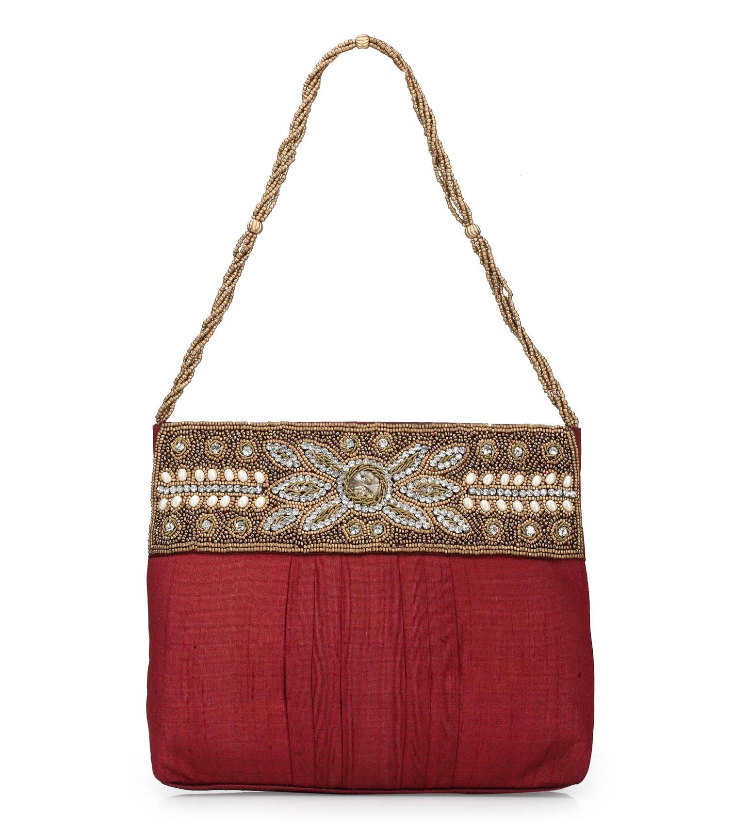 Maroon Art Silk Stone Beaded Clutch